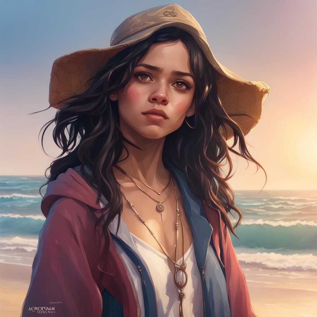 Jenna Ortega Portrait on Beach in Splash Art Style