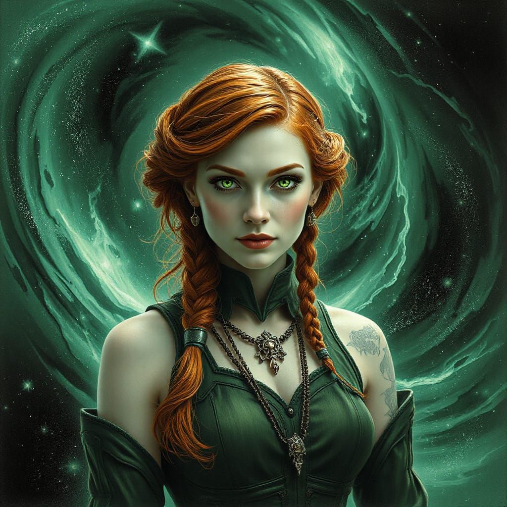 Ginger Woman in Emerald Nebula, Sci-Fi Art