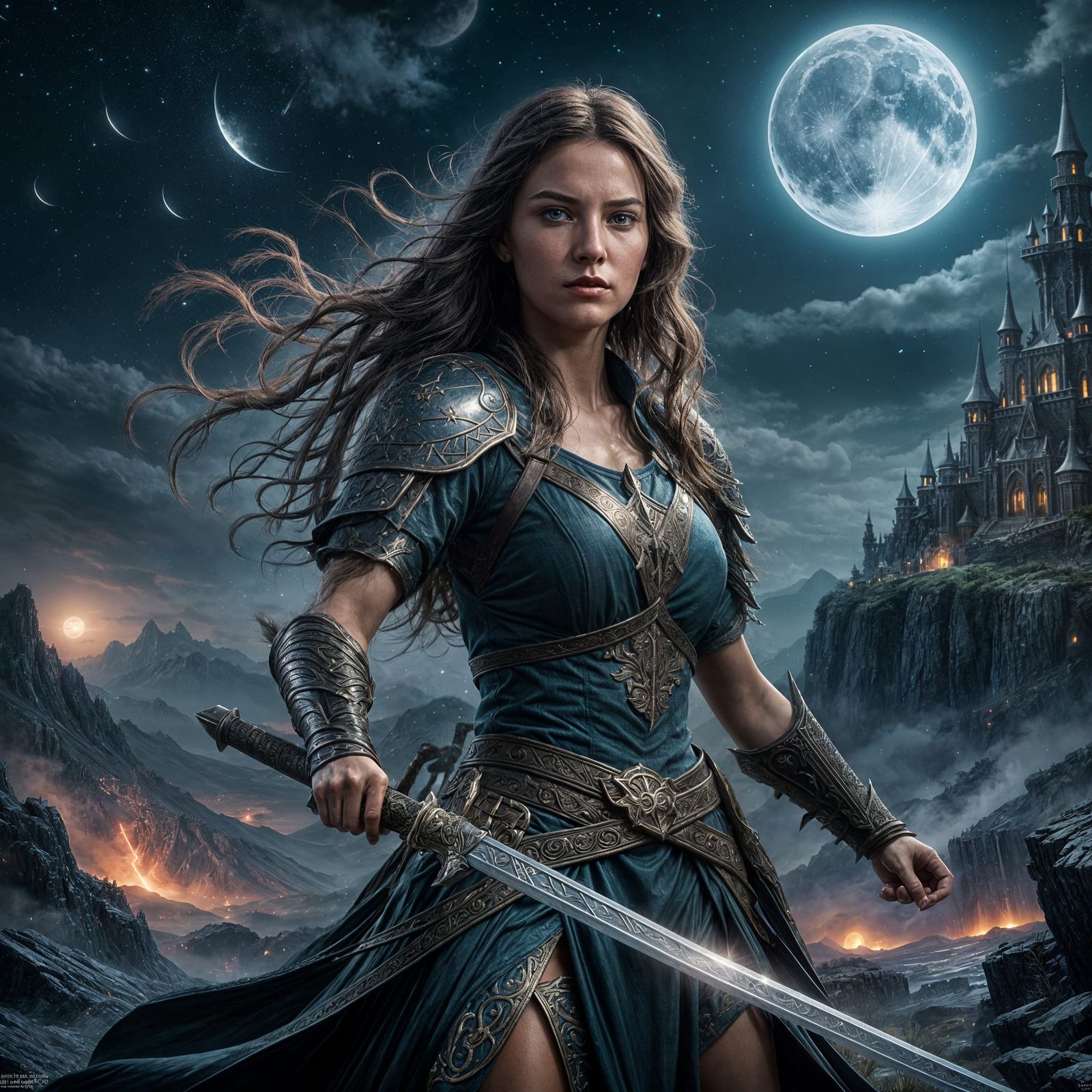 Fearless Heroine in Dark Fantasy Landscape