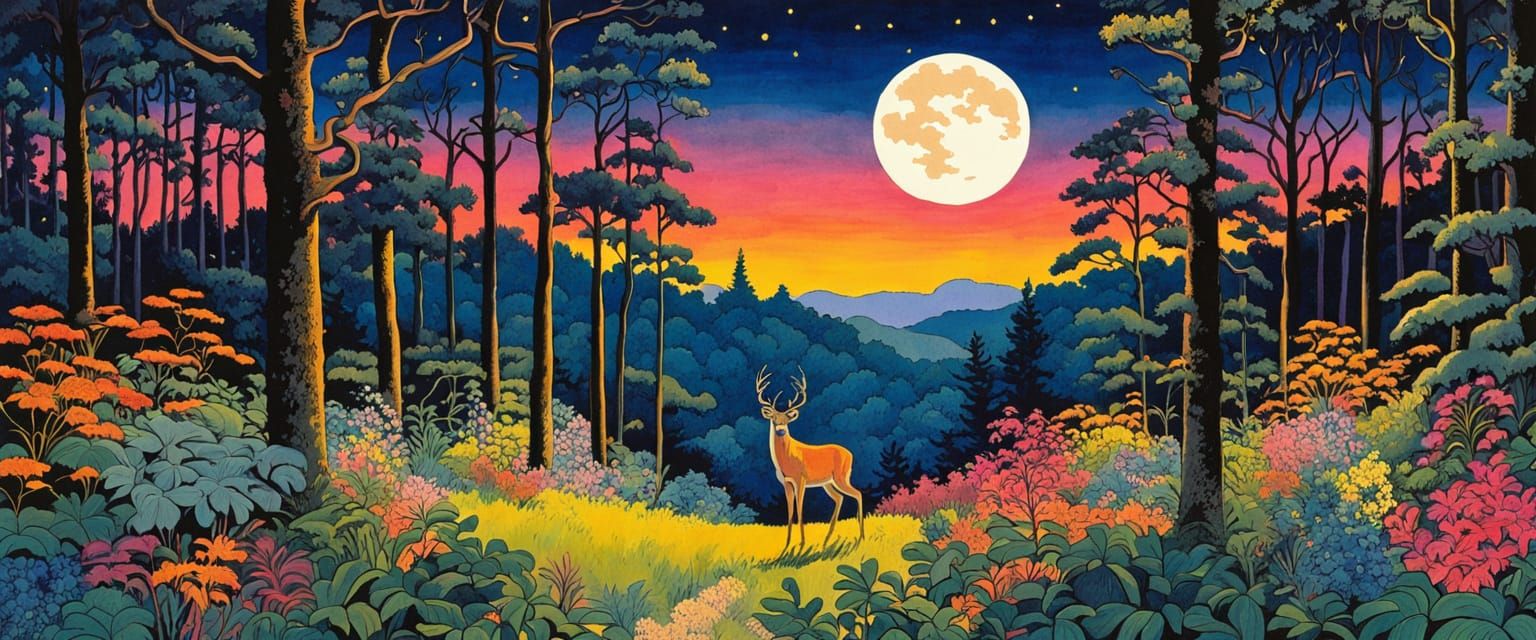 Enchanted Forest Scene with Deer Under Full Moon