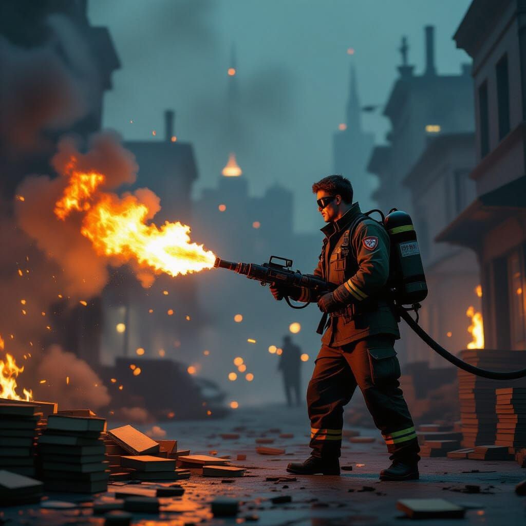 Dystopian Man Burns Books in Gritty Film Noir City