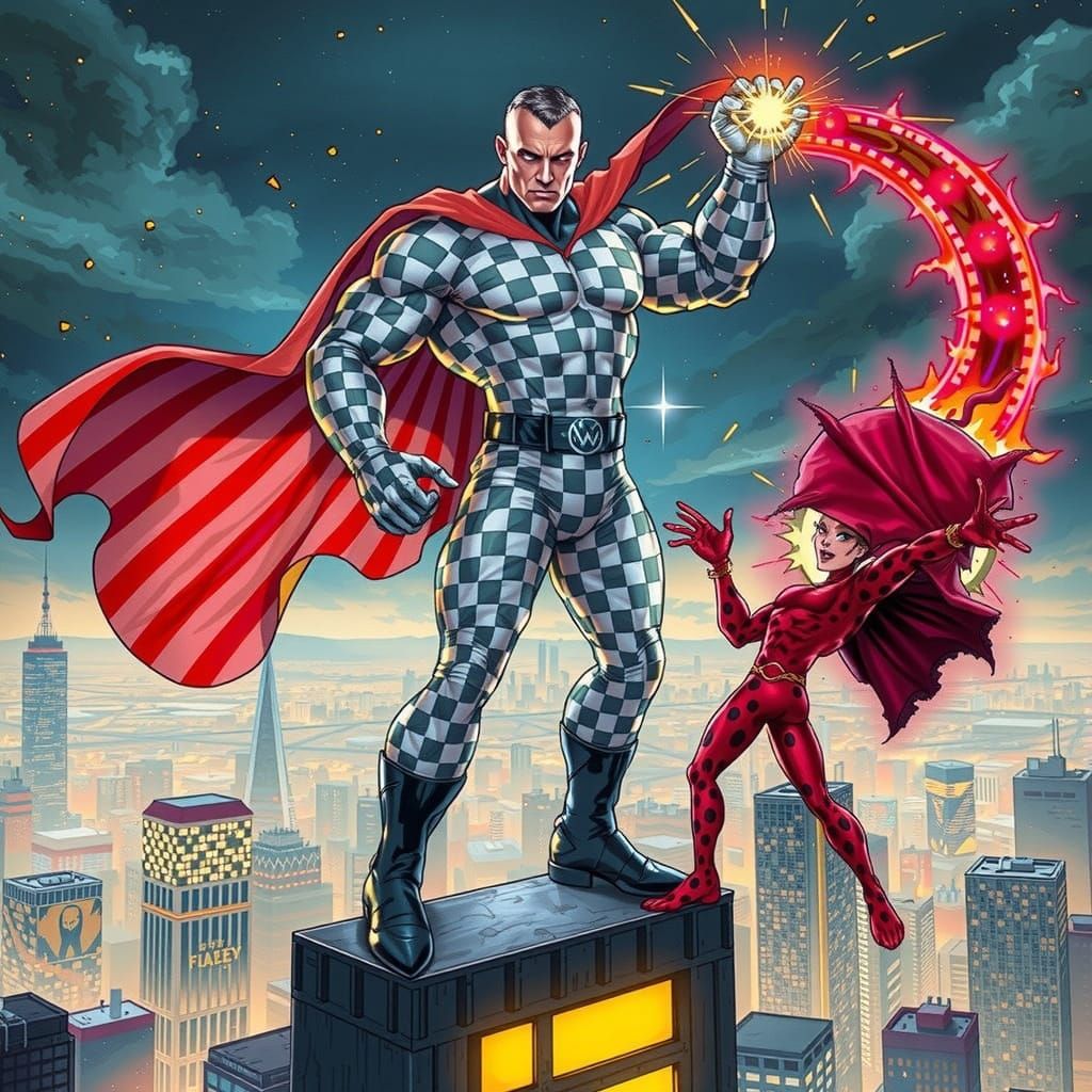 Captain Gingham fends off his nemesis Polka Dot with ease