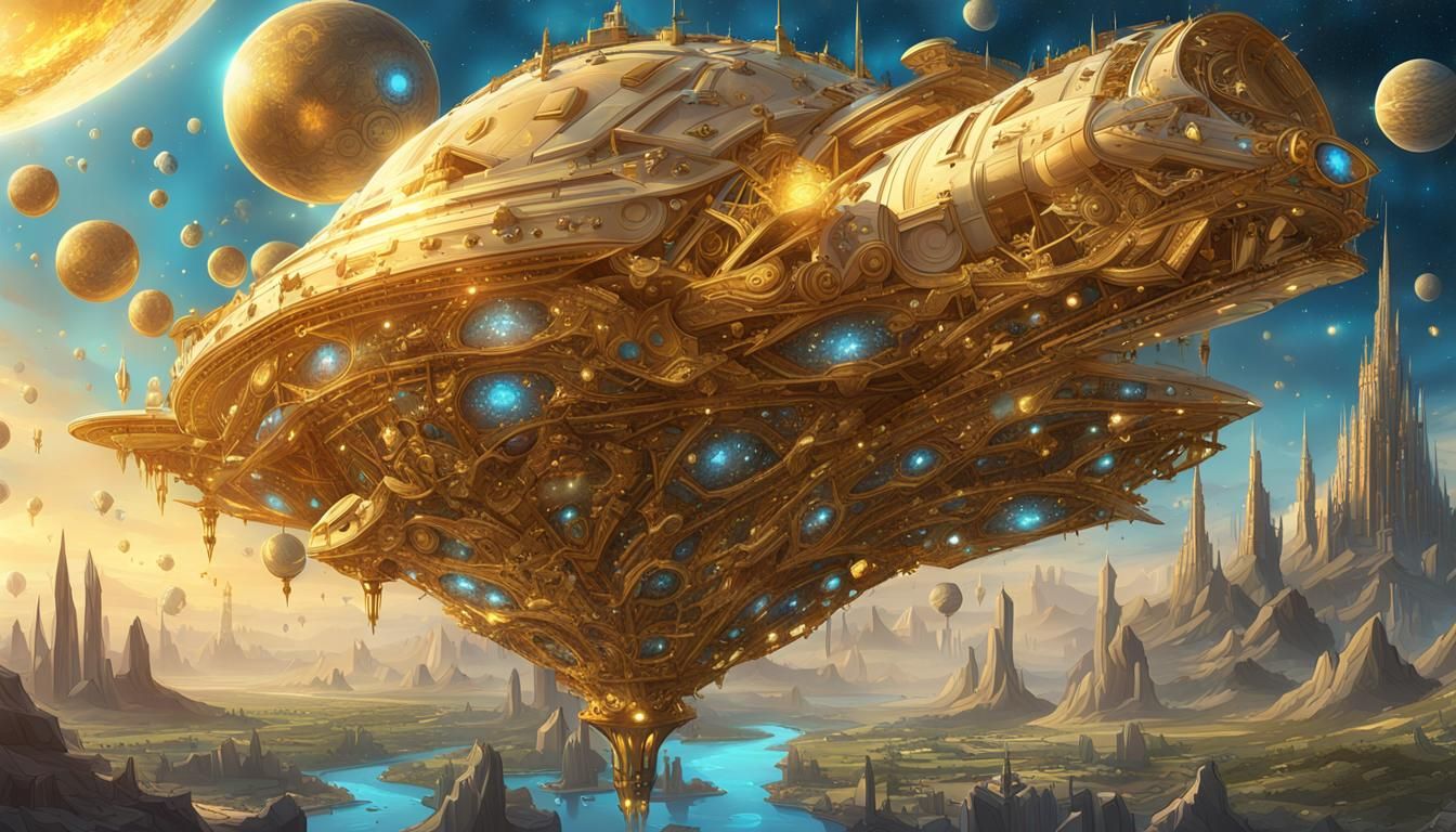 Golden Spaceships in Cosmos Landscape Digital Art