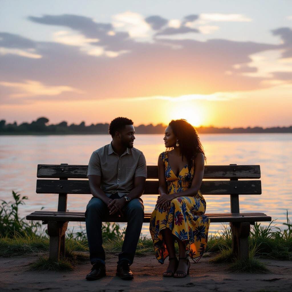 African Couple by Congo River at Sunset