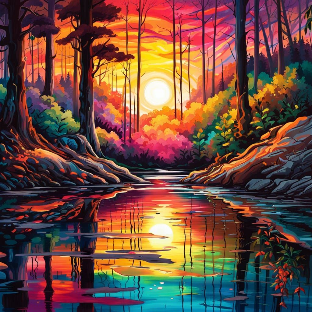 Psychedelic Sunset Reflection in Graffiti Art Style