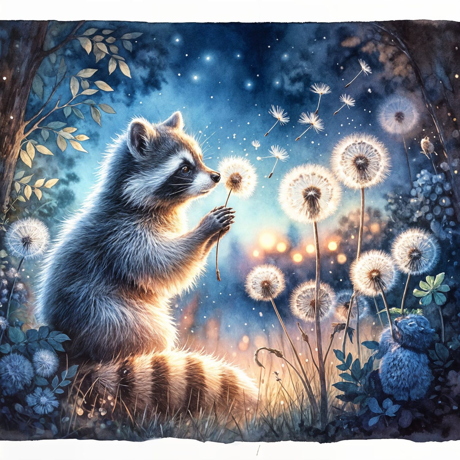 Raccoon Wishes on a Dandelion, Watercolor Painting