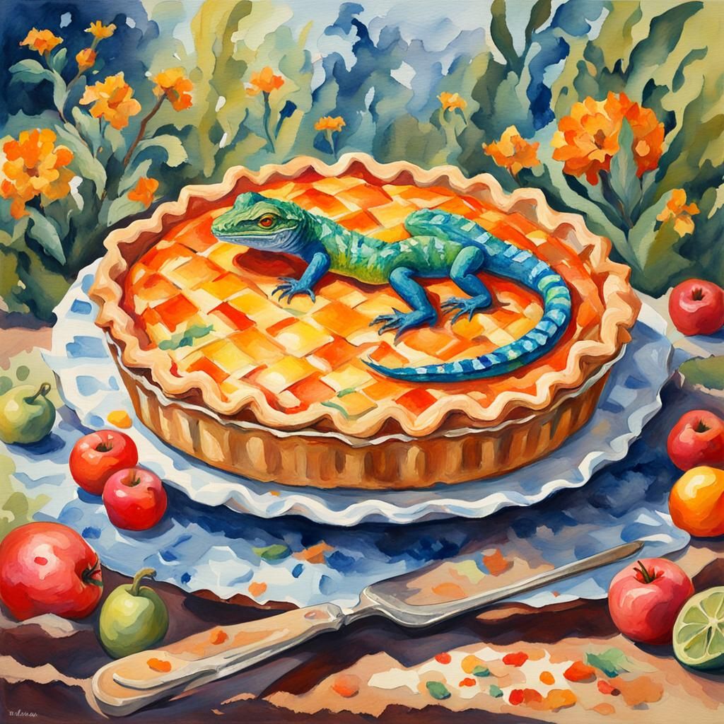 Lizard Pie in Gouache Style Impressionist Painting