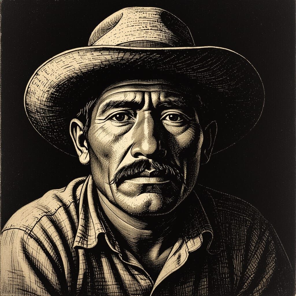 Peruvian Farmer's Face in Dramatic Monochromatic Etching Sty...