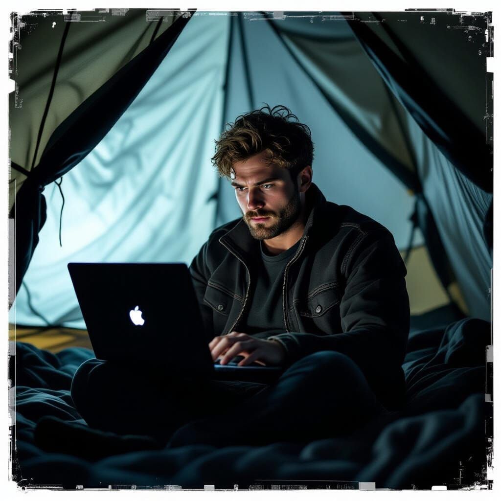 Cinematic Scene: Man Deleting Videos in Tent
