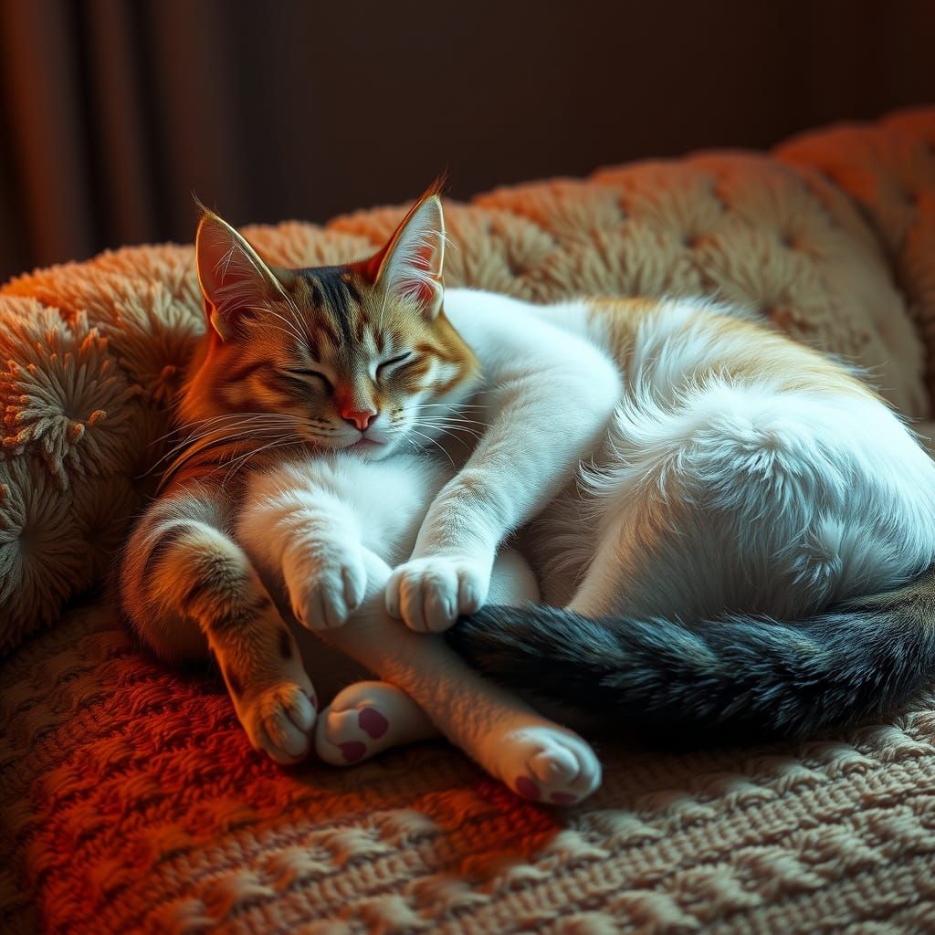 Hyper-Realistic Cats Sleeping on Fluffy Couch