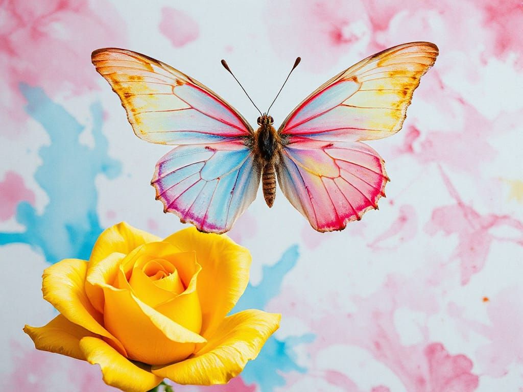 Vibrant Pastel Butterfly Above Yellow Rose in Alcohol Ink Gl...