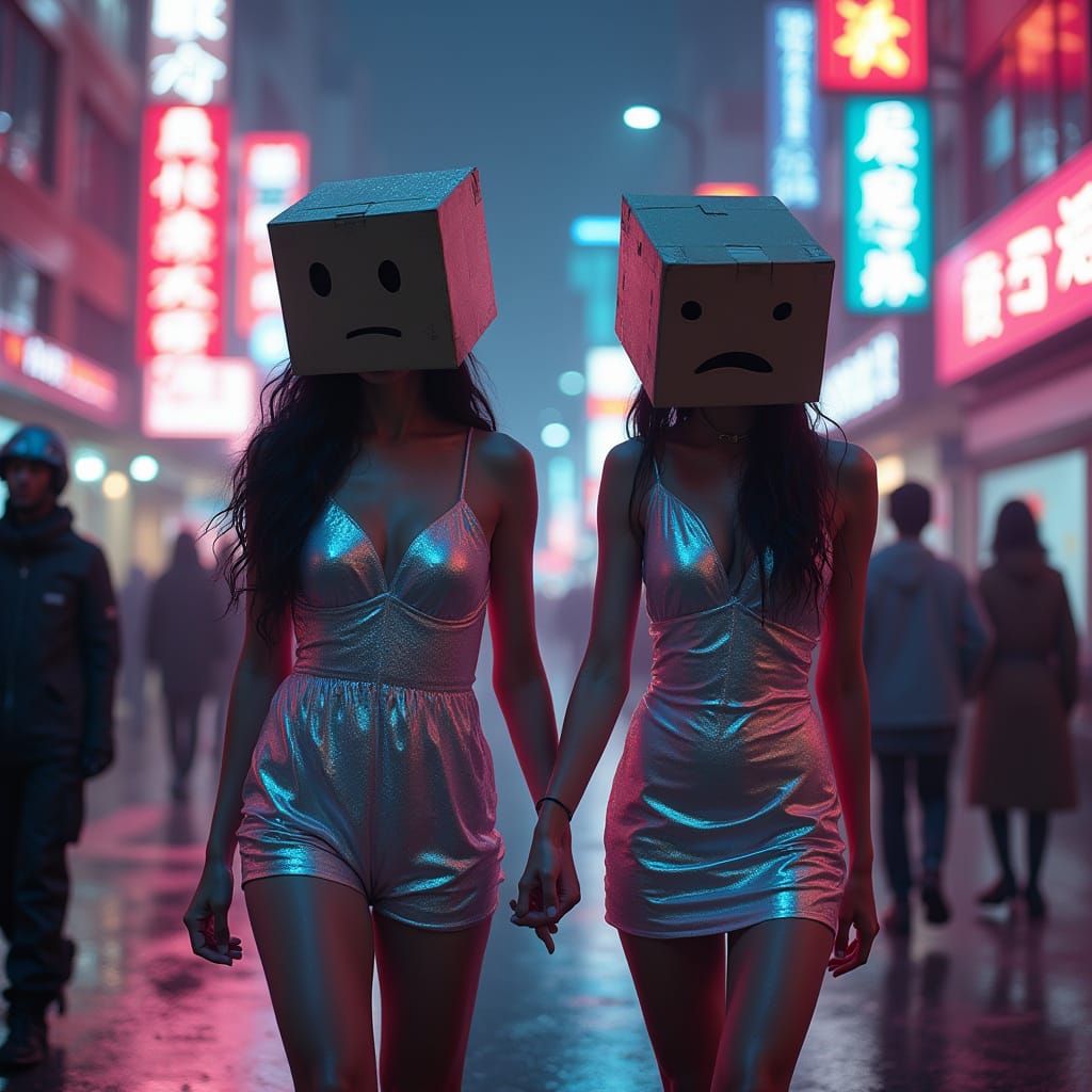 Cyberpunk Women Stroll Through Neon Cityscape