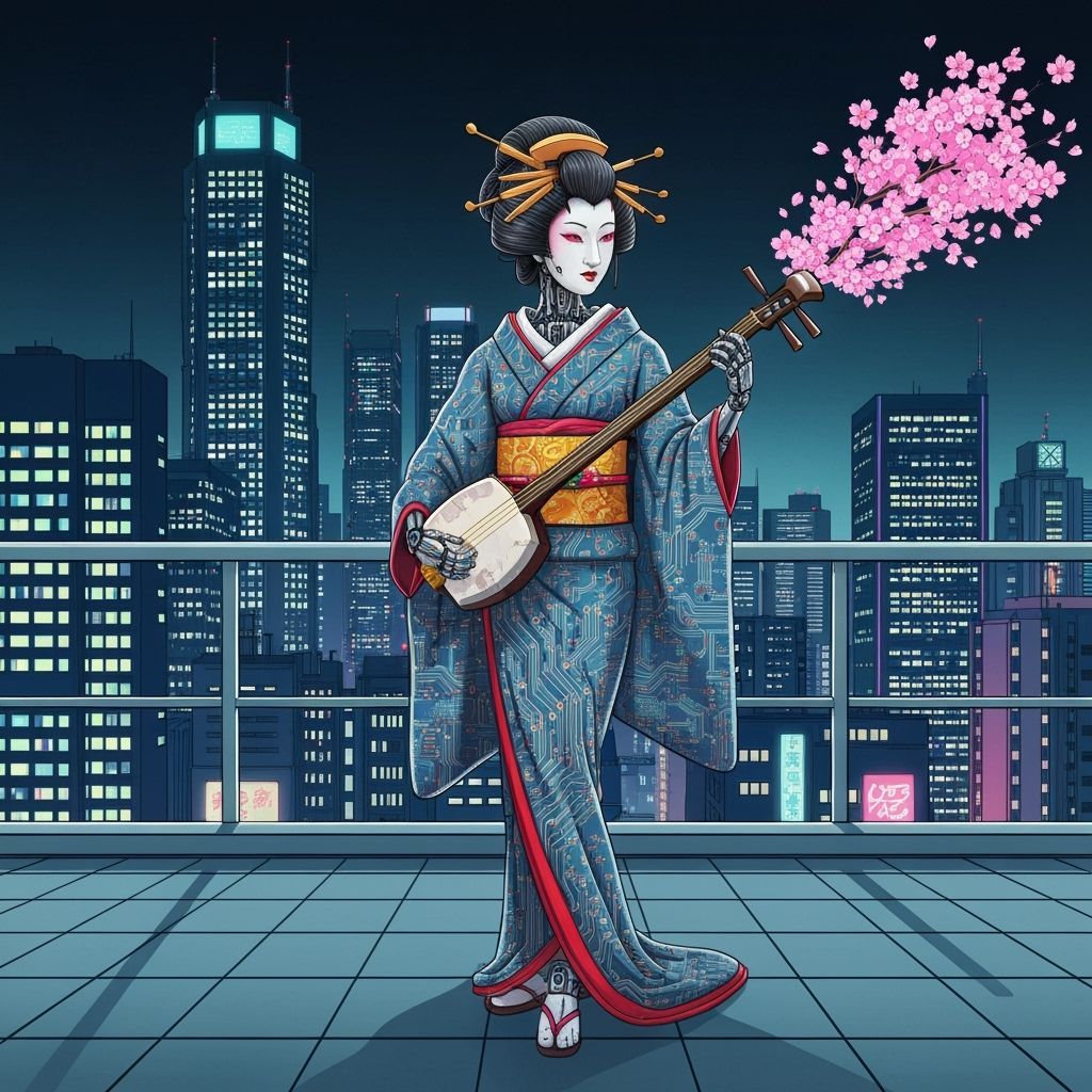 Cyberpunk Geisha Plays Shamisen Over Neon Tokyo