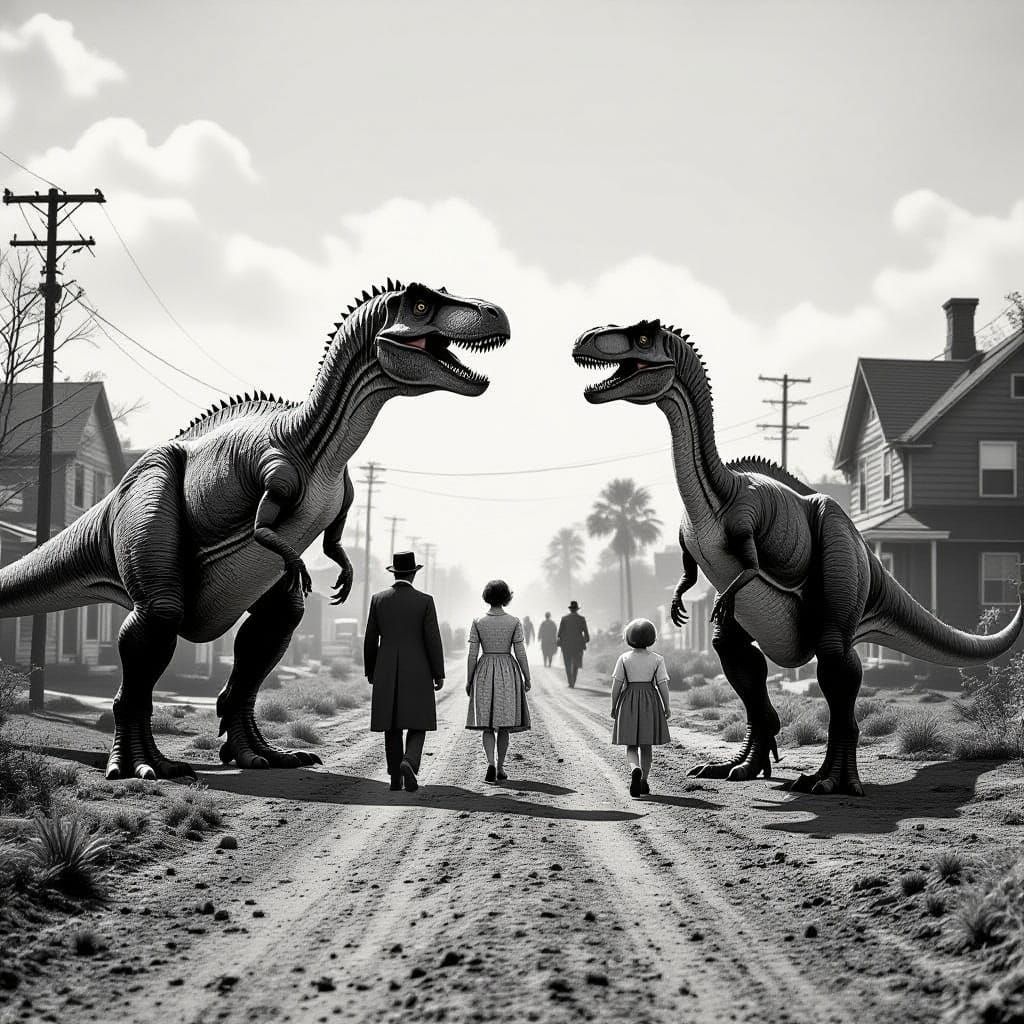 Humans and Dinosaurs in Surreal Vintage Movie Scene