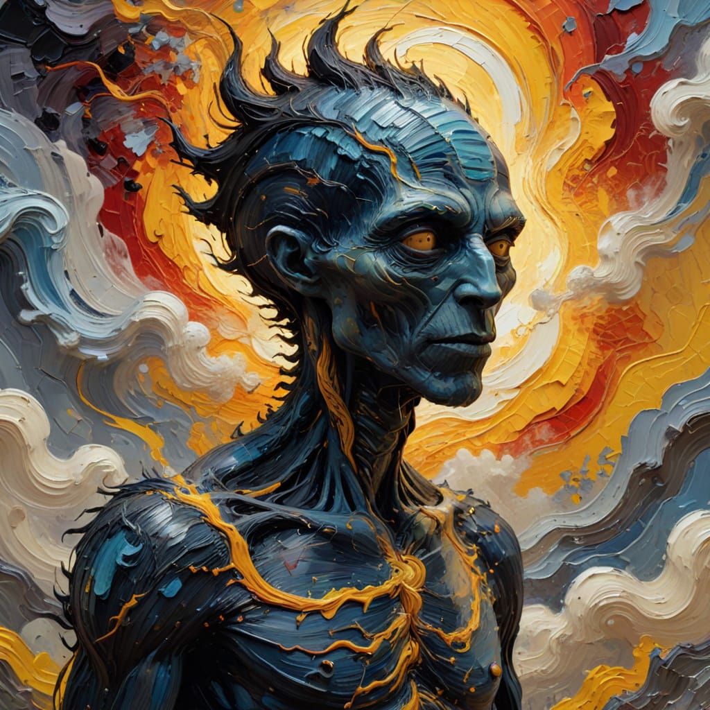 Van Gogh Style Alien Silhouette Amidst Swirling Landscape