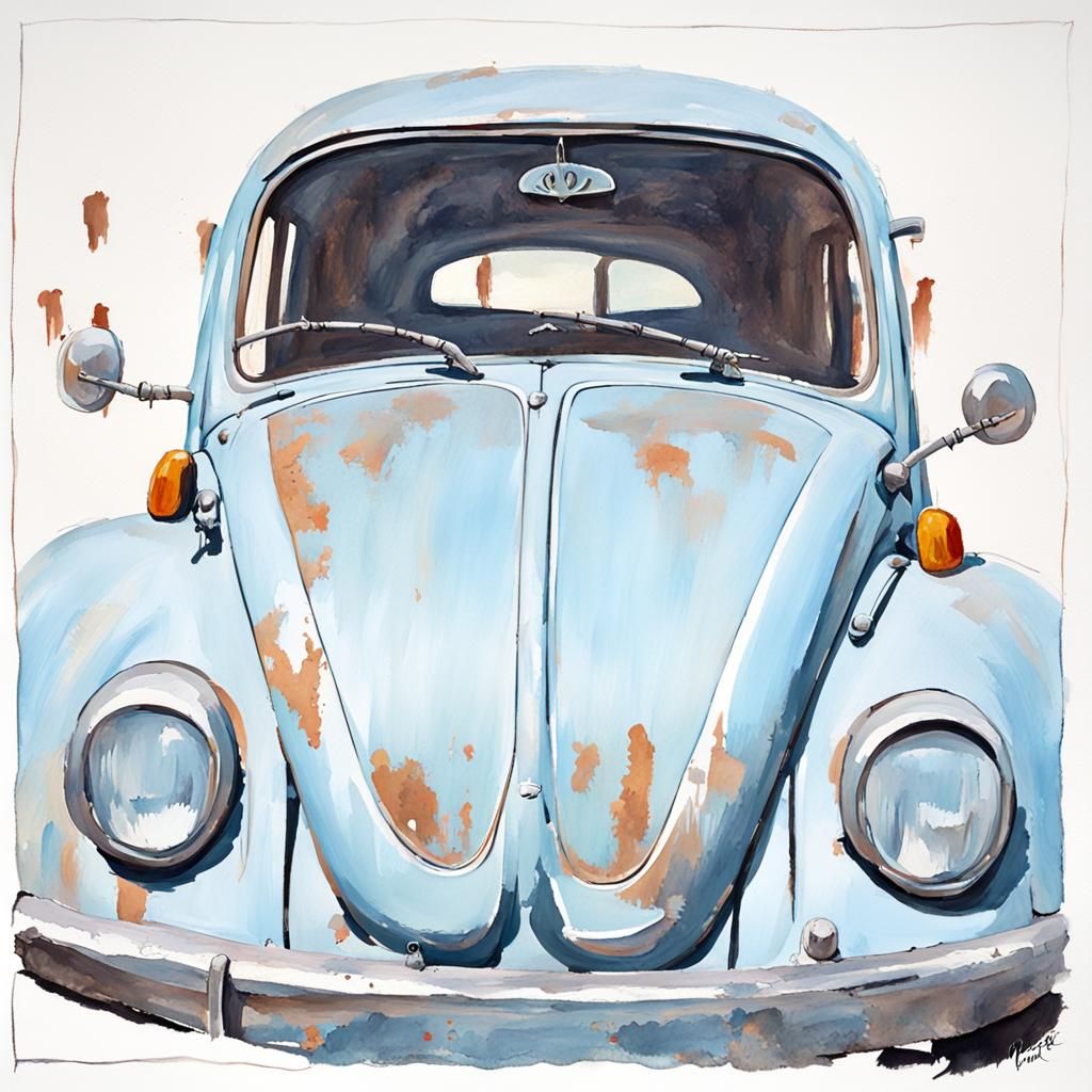 Abandoned Blue Beetle in Impressionist Gouache Style