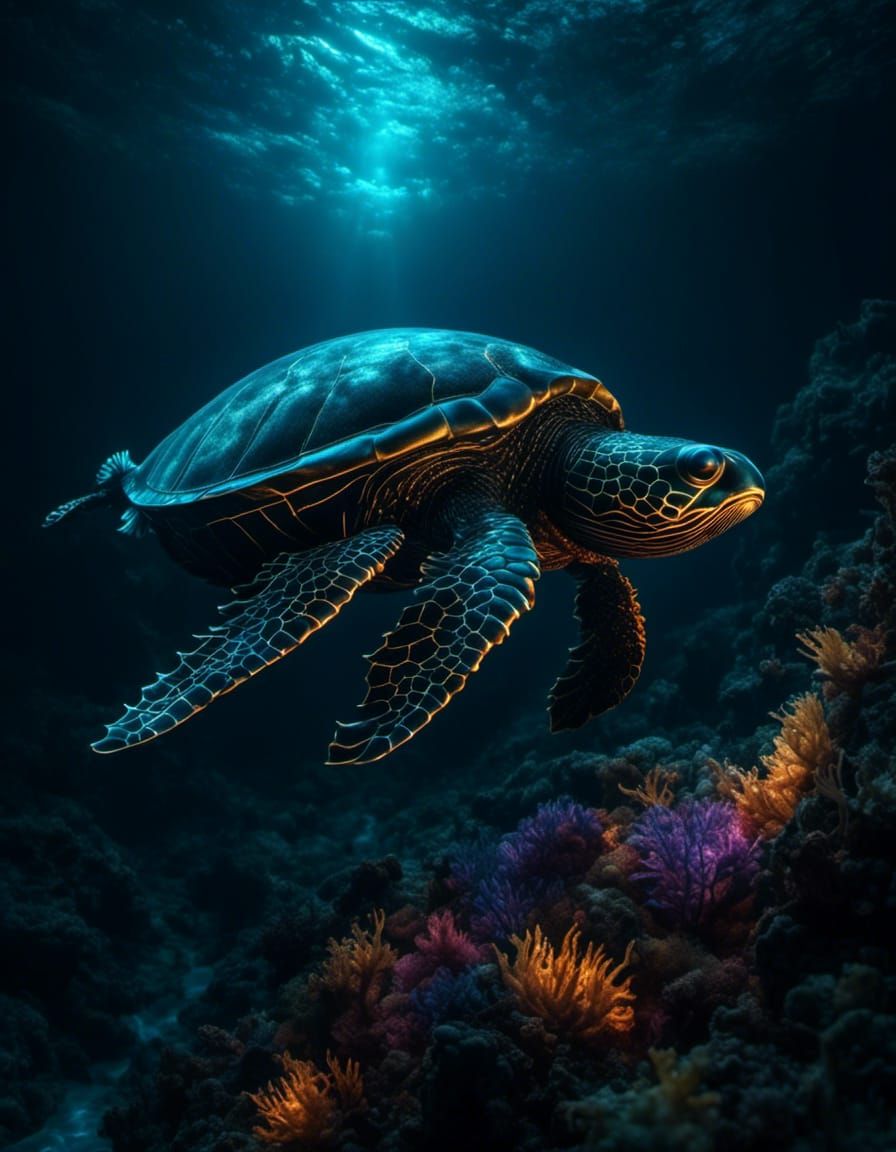 Bioluminescent Sea Turtle in Hyperrealistic Style
