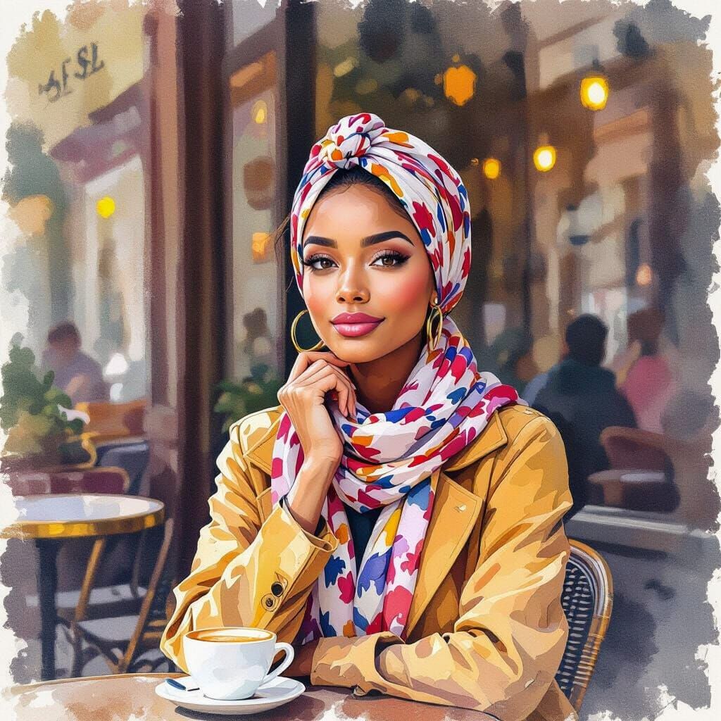 Gouache Painting of Woman at Cafe