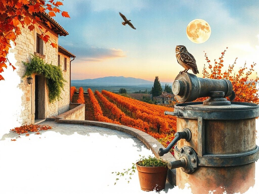 Terracotta Vineyard Terrace with Owl, in Watercolour Style