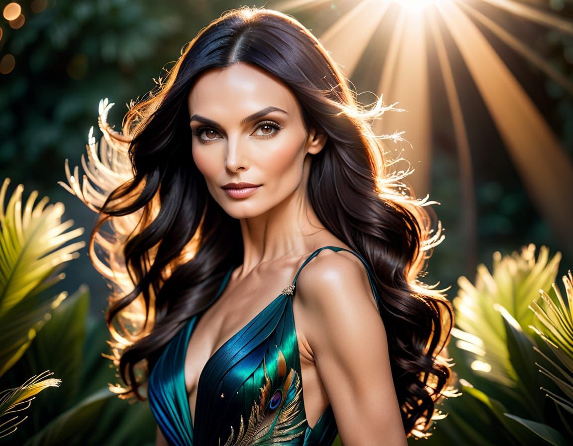 Elegant Famke Janssen in Peacock Evening Gown