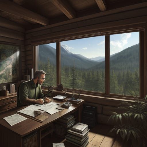 Man in Mountain Firetower with Forest Vista