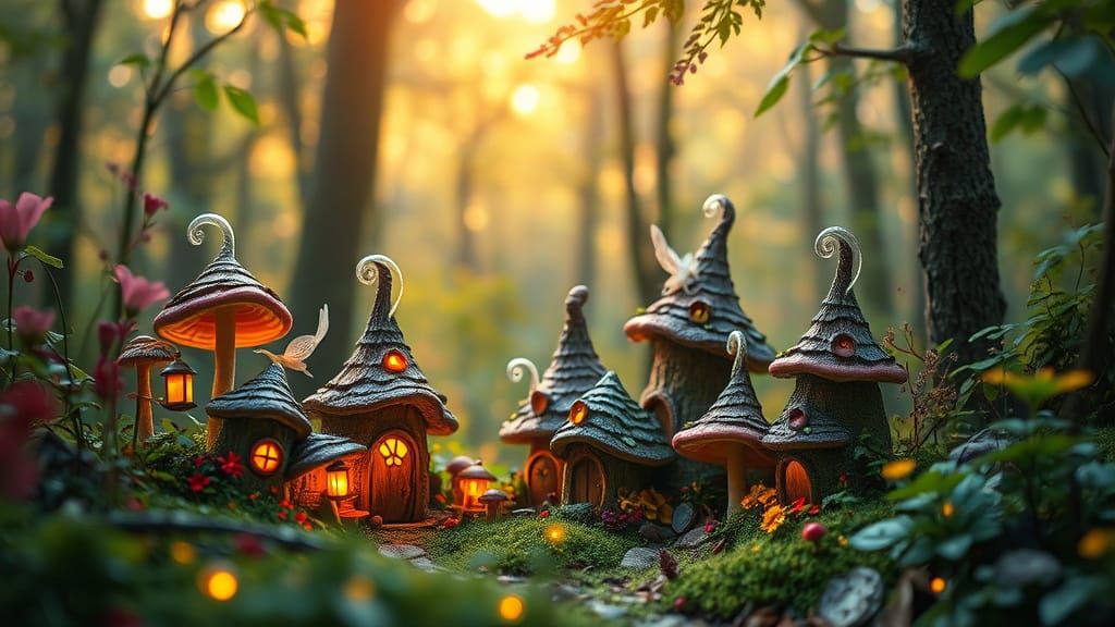 Mushroom Village in Whimsical Oversized Forest