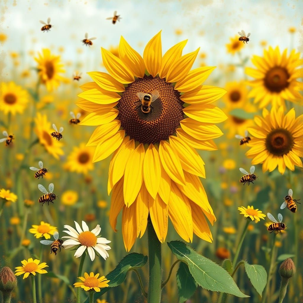 Sunflower Character in Sunny Meadow, Impressionistic Style