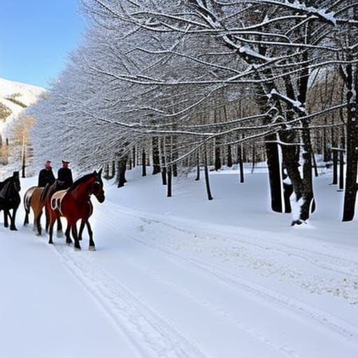 Horses Ride Through Snow on Sunny Day