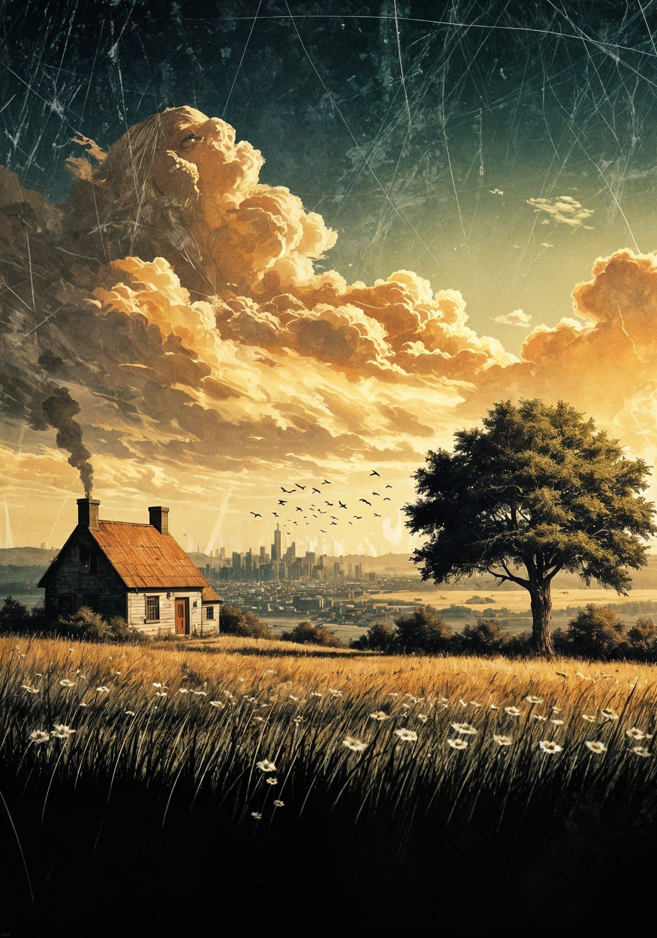 Gritty Comic Art: Cottage in Golden Hour Countryside
