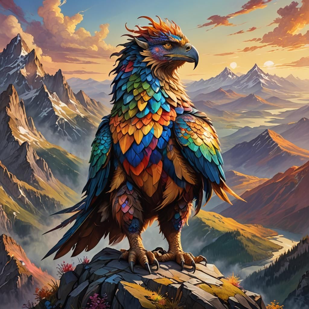 Vibrant Fantasy Creature on Mountain Peak