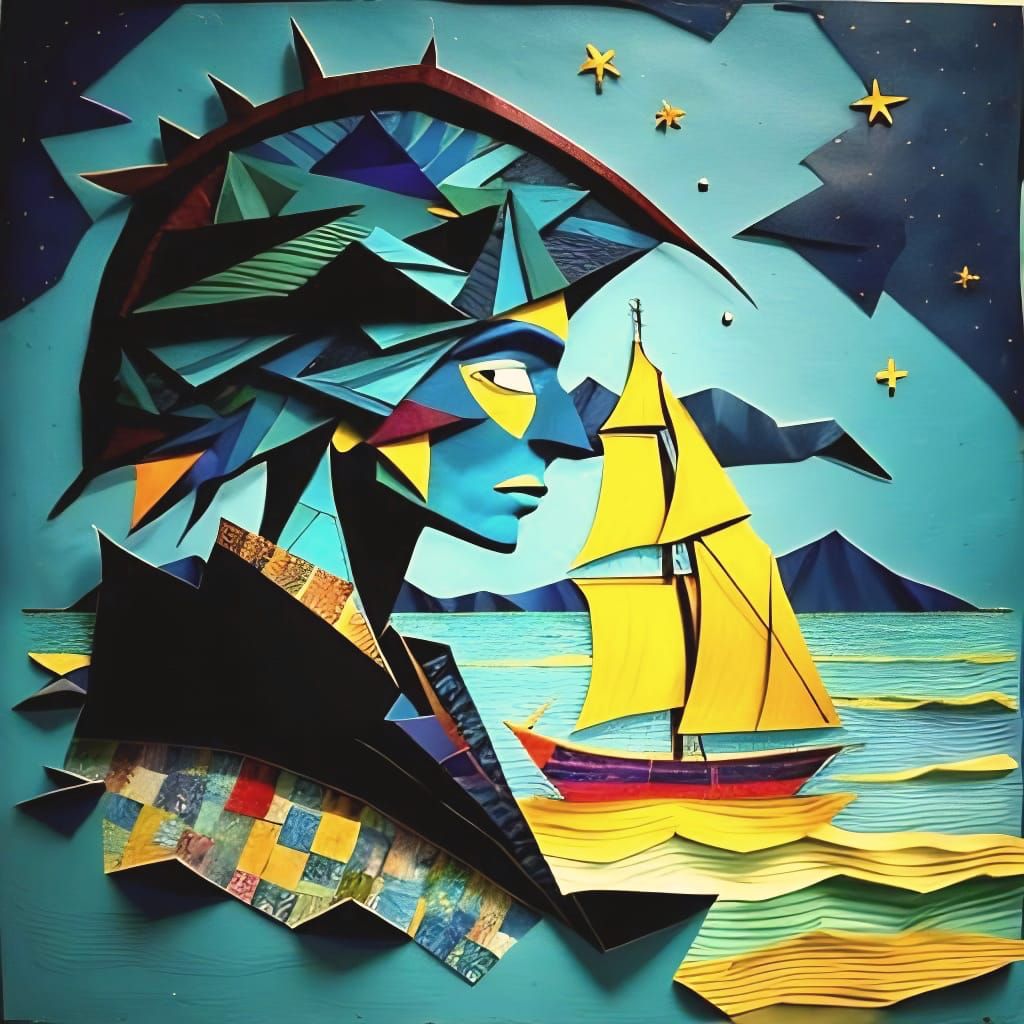 Pirate and Sailboat in 3D Paper Art Collage