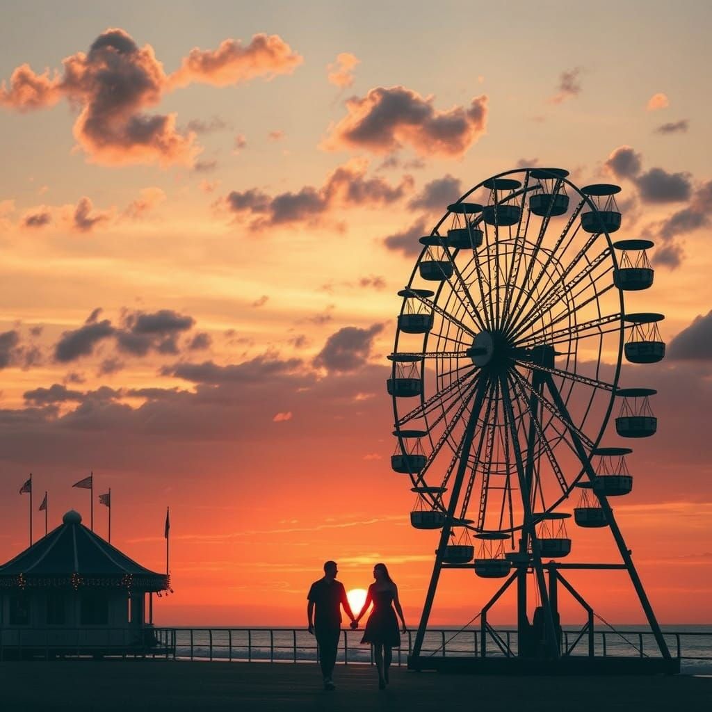 Coastal Carnival at Sunset: Dreamy Vintage Scene