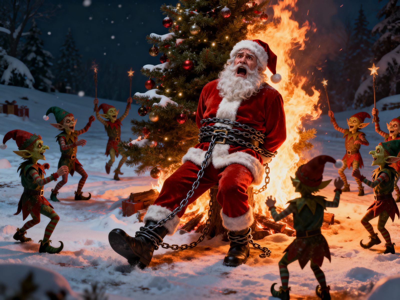 Terrified Santa Chained to Burning Tree by Elves