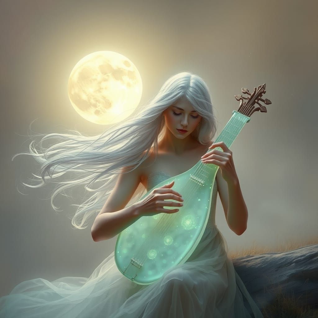 Mystical Woman Plays Lyre Under Lunar Glow