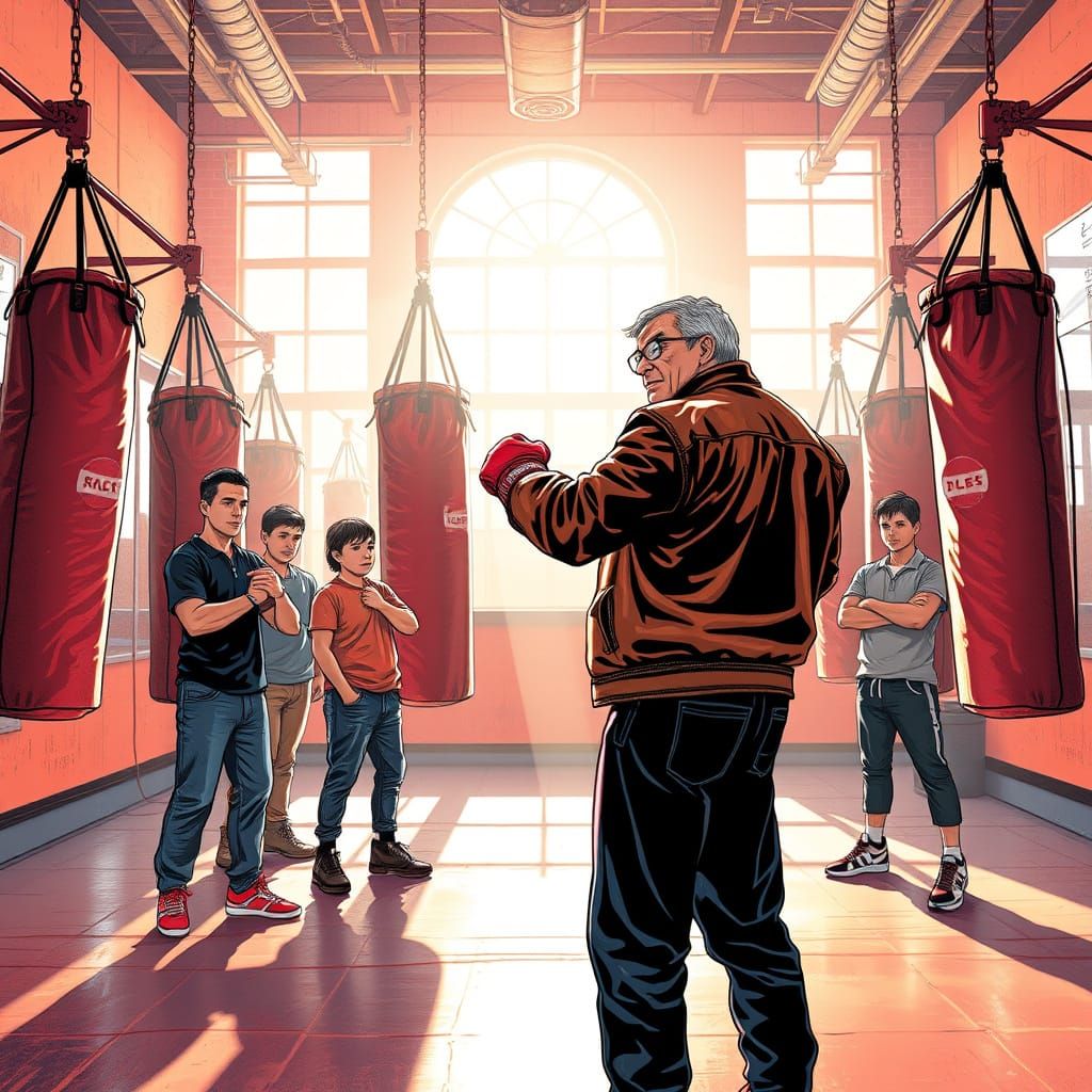 Boxing Coach Teaching Students in Dynamic Comic Style