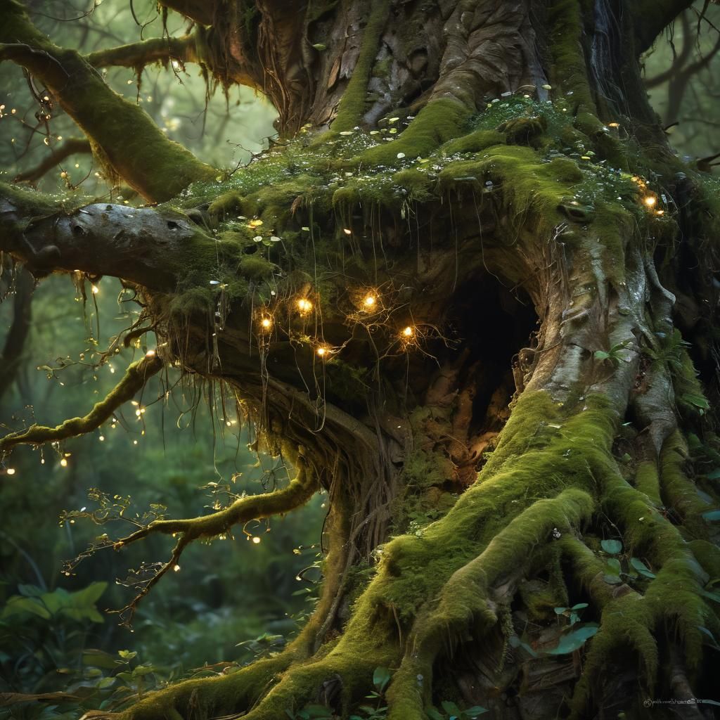 Mystical Forest Tree with Fireflies in Folklore Art