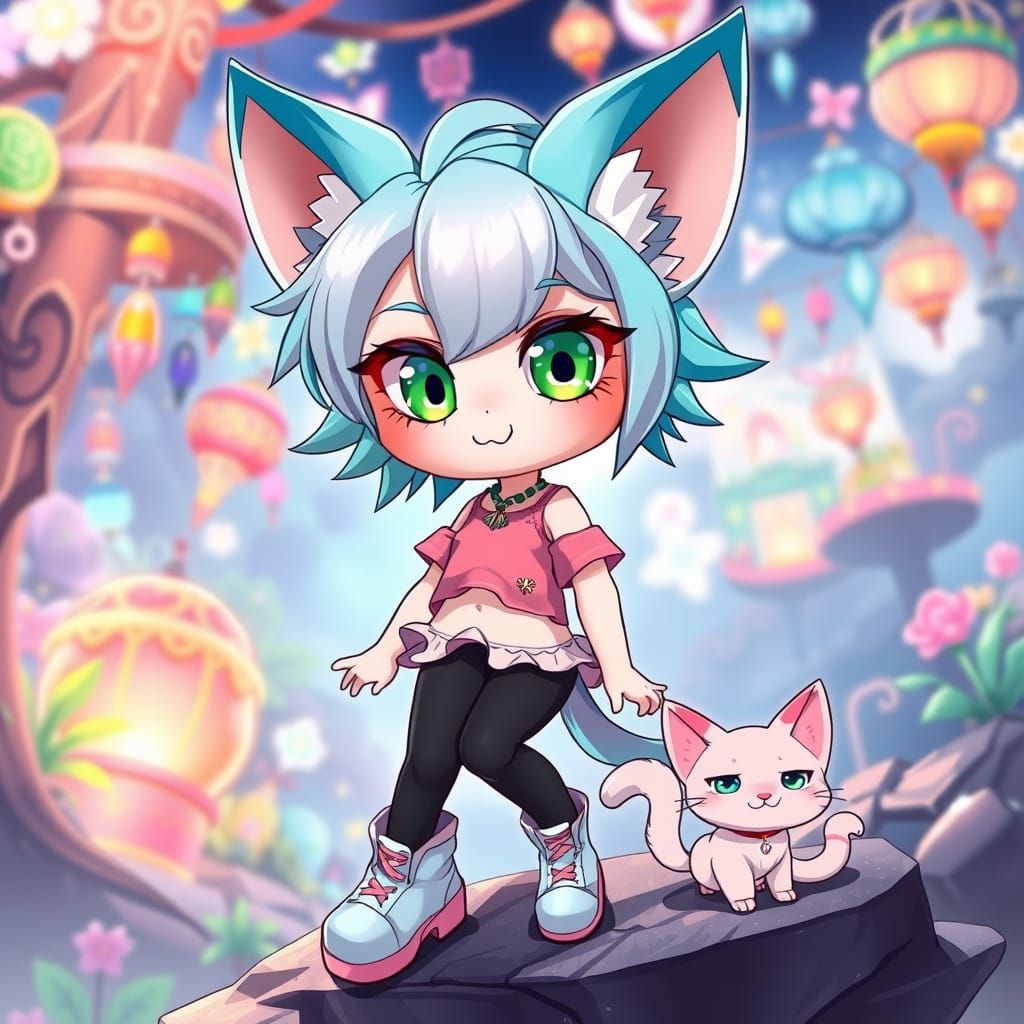 Whimsical Anime Tabaxi Girl with Vibrant Green Eyes and Turq...