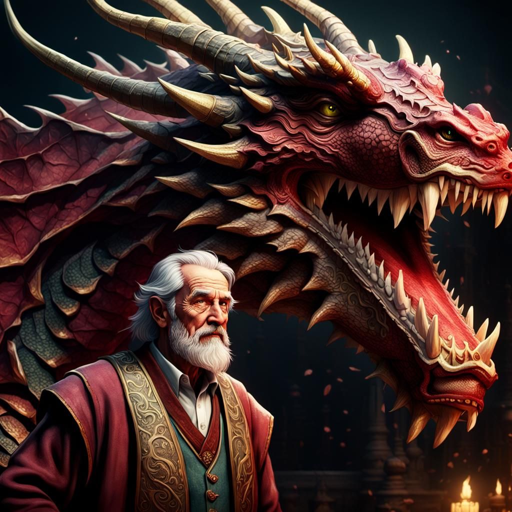 Grandfather and Dragon in Dark Fantasy Style