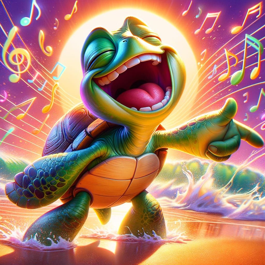 Joyful Cartoon Turtle Singing on a Sunny Beach