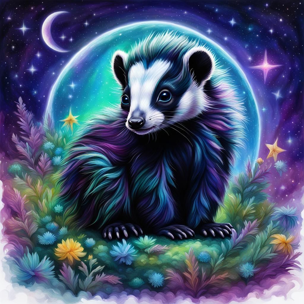 Fuzzy Baby Skunk Under Astral Moon
