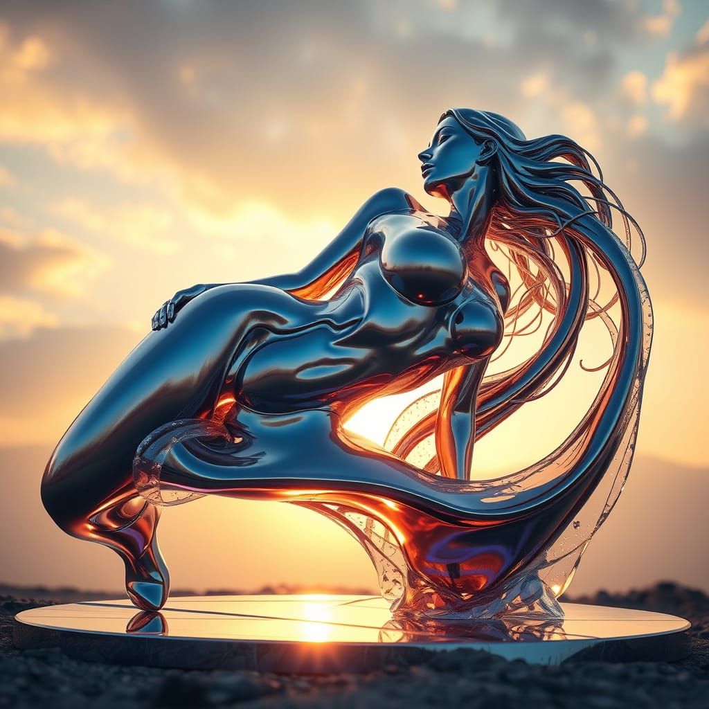 Ethereal Futuristic Sculpture of a Woman in Iridescent Liqui...