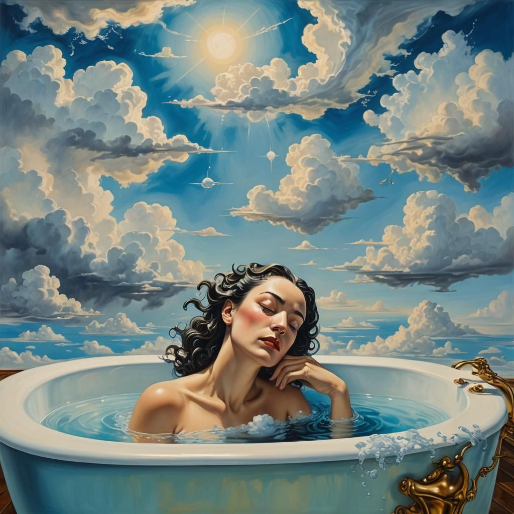 Surreal Woman Rests in Liquid Sky Bathtub