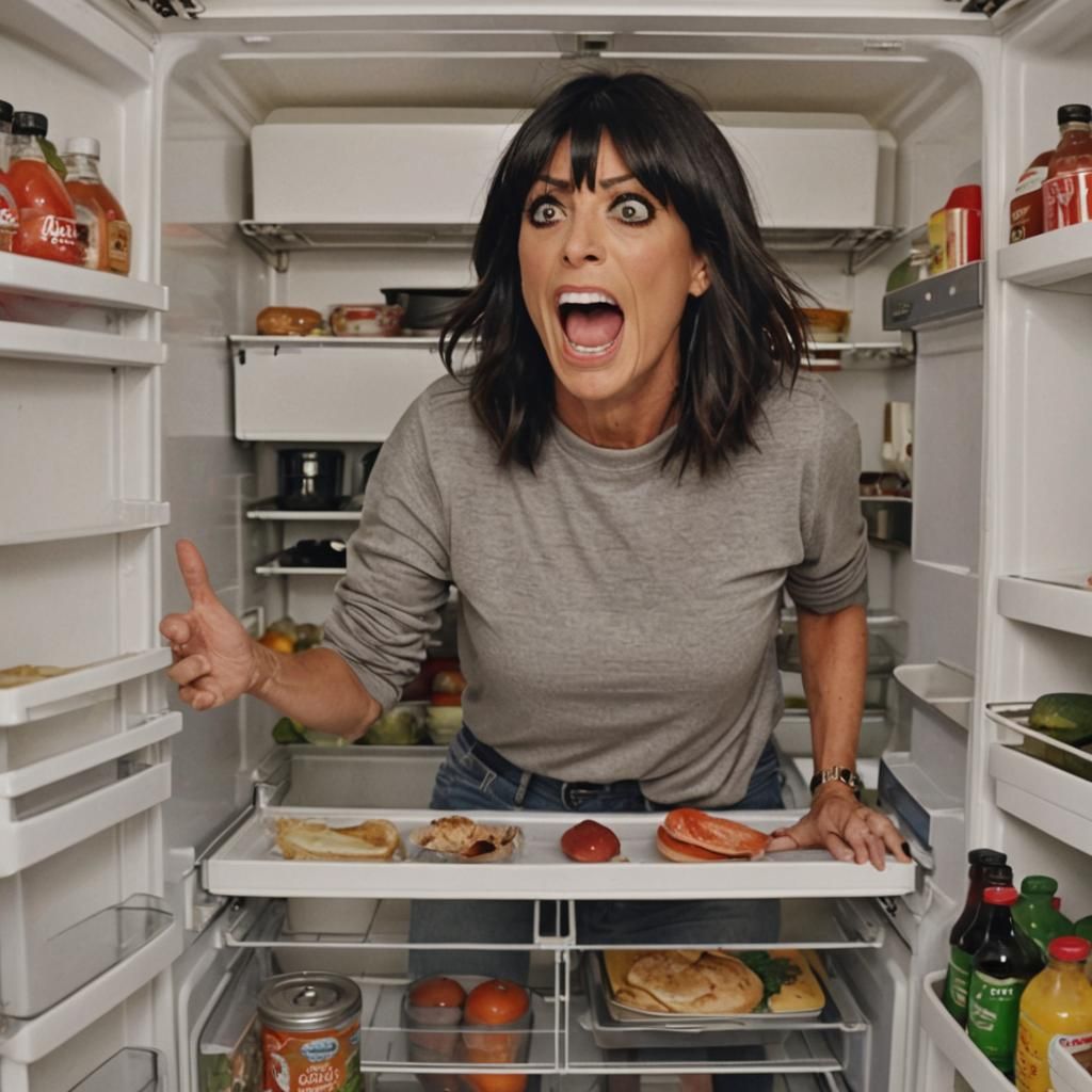 Claudia Winkleman screaming from inside the fridge