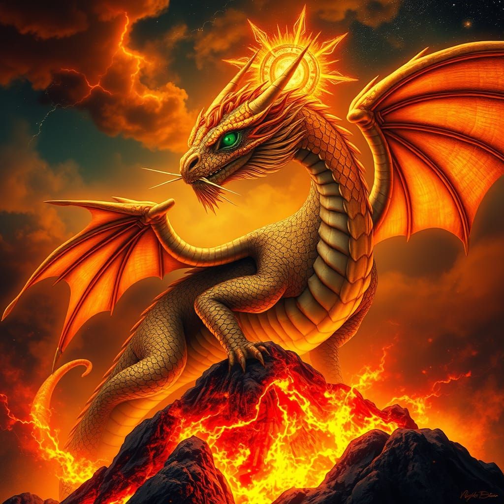 Majestic Dragon in Art Nouveau Style with Regal Crown and Vo...