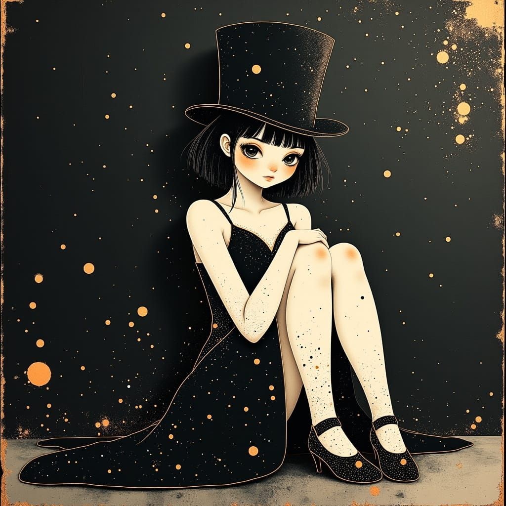 Ethereal Emo Girl in Top Hat and Sequins, a Symbolist Dream