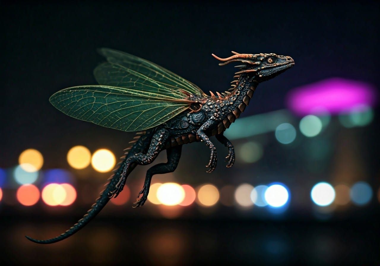 Fluorescent Insect Dragon Flying Through Cyberpunk City