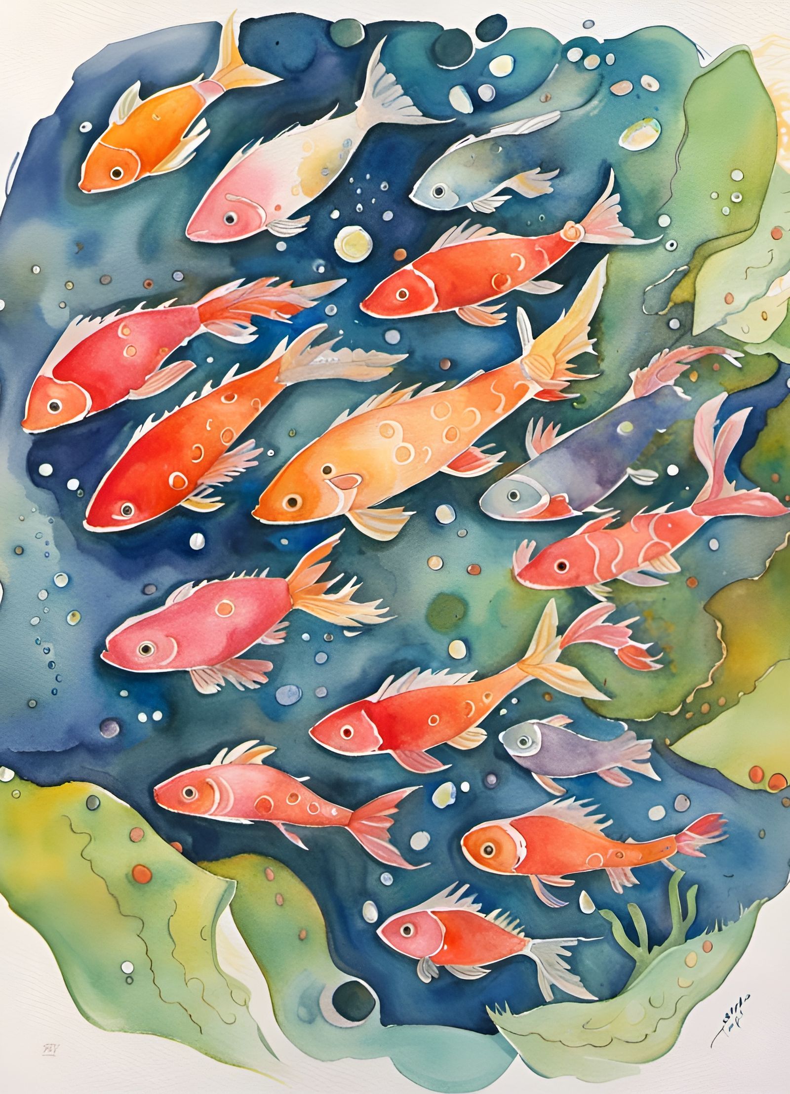 Watercolor Painting of Fish in Pond, Fauvism Style
