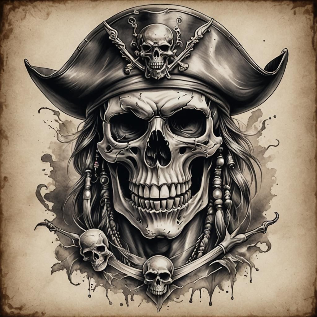 Pirate Skull Tattoo Stencil in Charcoal Style