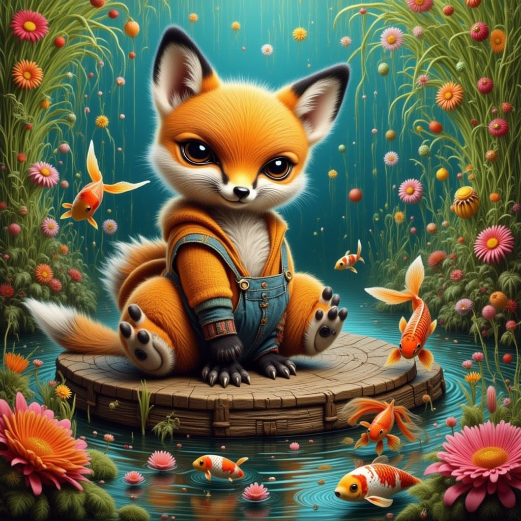 Fox Cub and Koi Pond in Neo-Expressionist Style