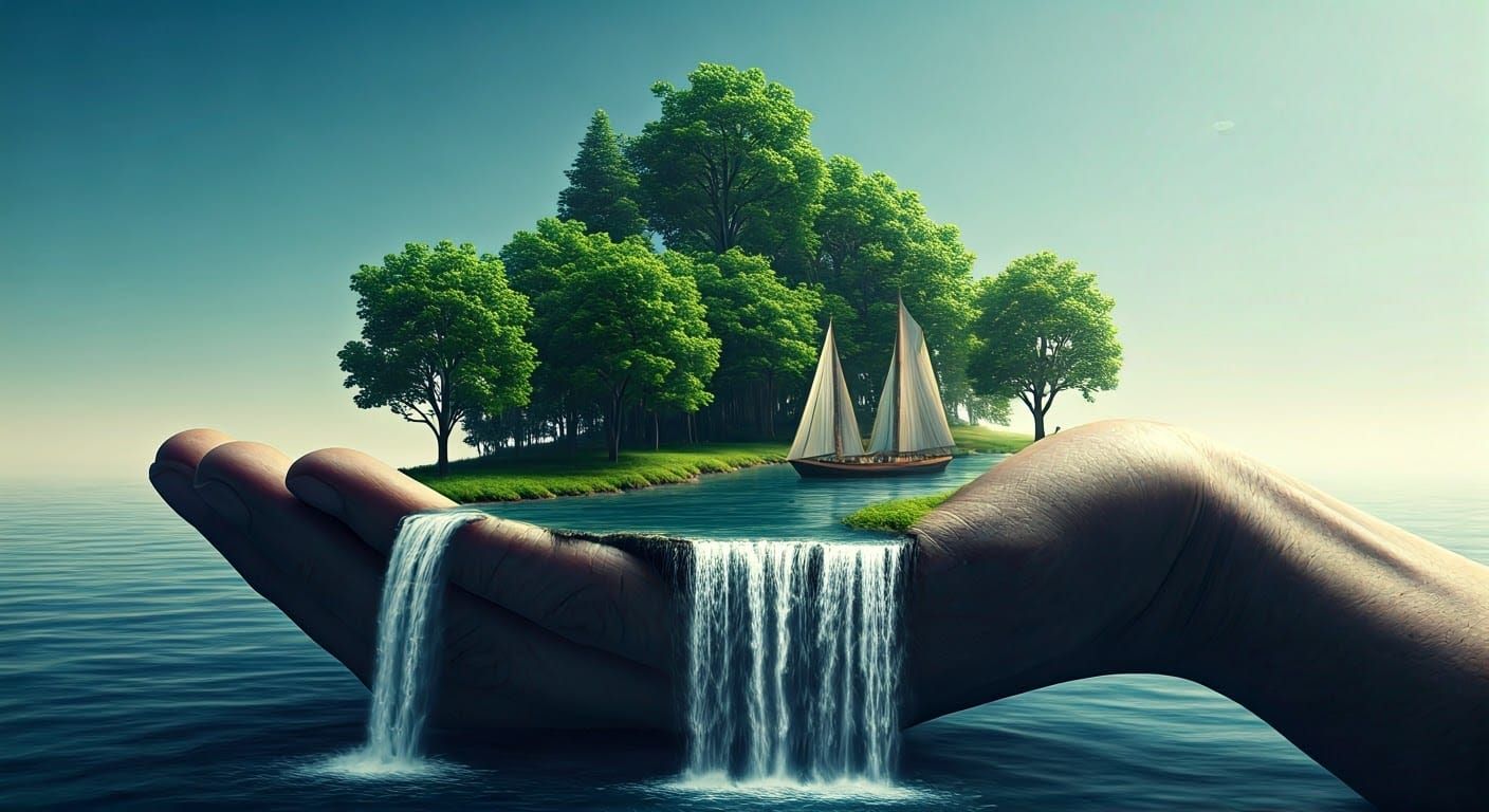 A surreal, dreamlike landscape where a giant anatomical corr...